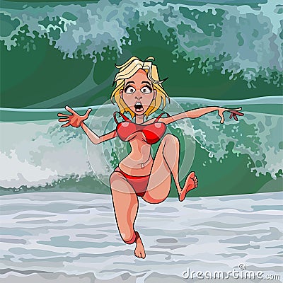 Cartoon funny woman runs away from a big wave Vector Illustration