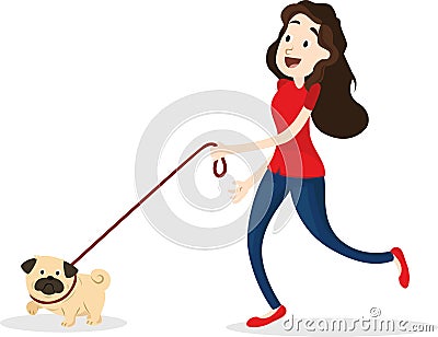 Cartoon funny woman walking with dog Vector Illustration