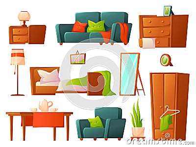 Cartoon furniture. Bed, lounge furnitures. Cozy house room elements, isolated sofa, arm chair, table. Lamps and wardrobe Vector Illustration