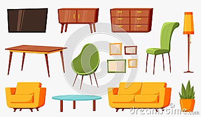 Cartoon furniture. Room furnitures, interior living lounge elements. Isolated home decor, modern sofa table chairs and Vector Illustration