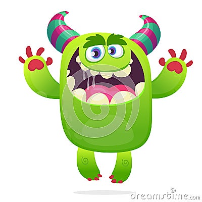 Cartoon furry monster. Halloween vector illustration of excited monster laughing. Vector Illustration