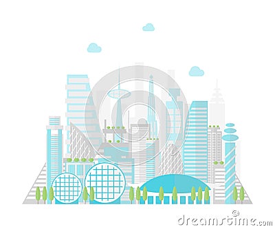 Cartoon Future City on a Landscape Background. Vector Vector Illustration