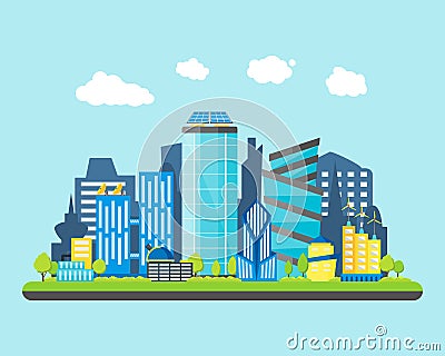 Cartoon Future City on a Landscape Background. Vector Vector Illustration