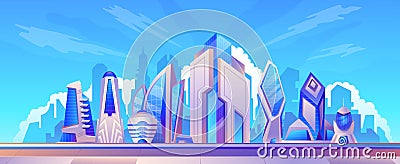 Cartoon futuristic smart city landscape with glass skyscrapers. Modern urban cityscape architecture. Future metropolis Vector Illustration