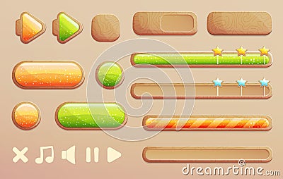 Cartoon game and app design wooden buttons Vector Illustration