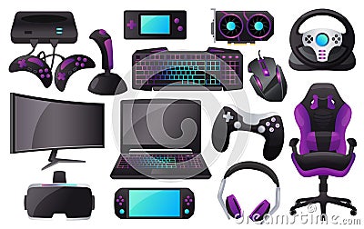 Cartoon gaming accessories, professional gamer gear and equipment. Monitor, headphone, keyboard, vr headset, gaming Vector Illustration