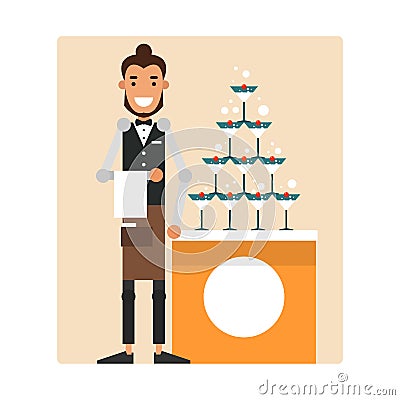 Cartoon garcon prepares a mound of champagne with a cherry. Vector Illustration