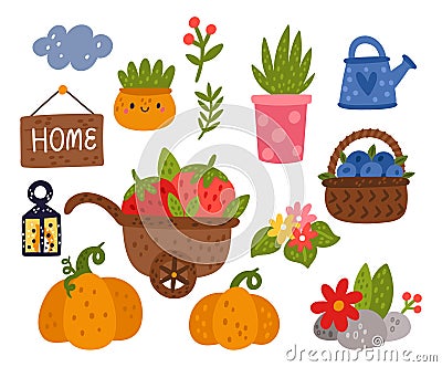 Cartoon garden. Cute flowers or vegetables. Gardening wheelbarrow with strawberries. Watering can. Autumn pumpkin Vector Illustration