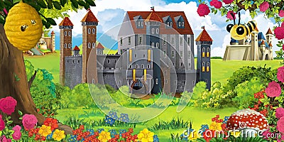 Cartoon garden scene with castle with forest animal Cartoon Illustration