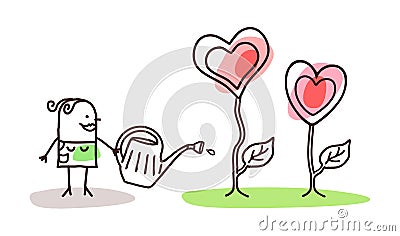 Cartoon Gardener with Growing Hearts Vector Illustration