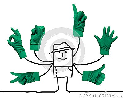 Cartoon Gardener with Multi Green Hands Signs Cartoon Illustration