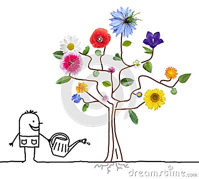 Cartoon Gardener Watering Flowering Tree Stock Photo