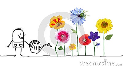 Cartoon Gardener Watering Flowers Stock Photo