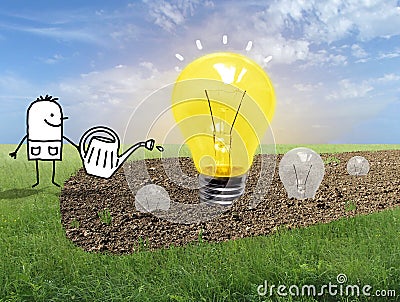 Cartoon Gardener Watering Light Bulbs in a Field Stock Photo