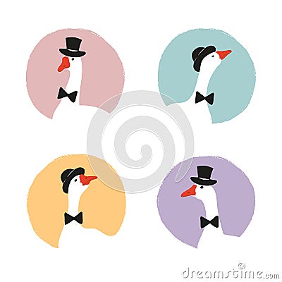 Cartoon geese gentlemen portraits set. Vector illustration of funny goose wearing hat Vector Illustration
