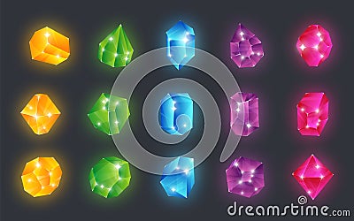 Cartoon gem stones. Pink, green, yellow and blue diamond decoration elements, shiny glowing jewels. Collection clear Vector Illustration