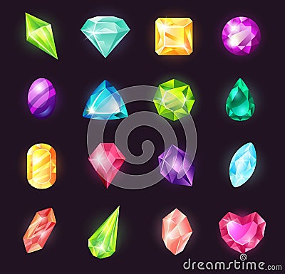 Cartoon gemstones, magic crystals, jewel stone, precious gems. Shiny magical stones for game design, diamond gem Vector Illustration