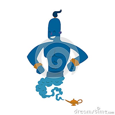 Cartoon genie character magic lamp flat vector illustration treasure arabian aladdin miracle djinn coming out on white Vector Illustration