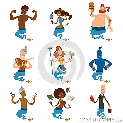 Cartoon genie character magic lamp vector illustration treasure aladdin miracle djinn coming out isolated legend set Vector Illustration