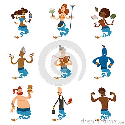 Cartoon genie character magic lamp vector illustration treasure aladdin miracle djinn coming out isolated legend set Vector Illustration