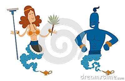 Cartoon genie character magic lamp vector illustration treasure aladdin miracle djinn coming out isolated legend set Vector Illustration