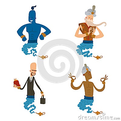 Cartoon genie character magic lamp vector illustration treasure aladdin miracle djinn coming out isolated legend set Vector Illustration