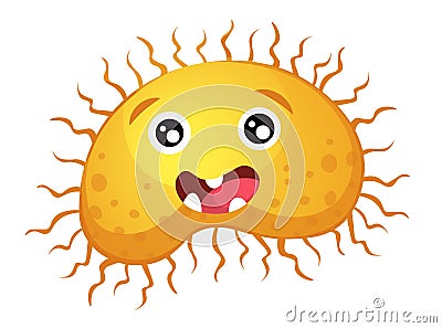 Cartoon Germ, Virus, Microbe or Bacteria Character. Germ with Funny Face, Yellow Cell with Teeth and Big Eyes, Pathogen Vector Illustration