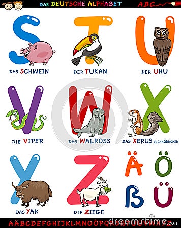 Cartoon german alphabet with animals Vector Illustration