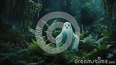 Cartoon ghost with big expressive eyes floats joyously in a lush environment Stock Photo