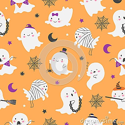 Cartoon ghost seamless pattern. Ghostly party texture, creepy horror funny ghosts and spider web. Cartoon halloween Stock Photo