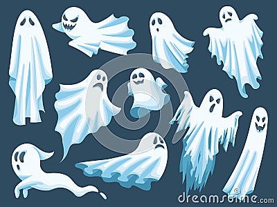 Cartoon ghost. Spooky Halloween spirit, poltergeist characters, angry and happy ghosts in white cloth vector Vector Illustration