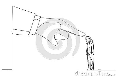 Cartoon of giant hand angry points a finger at businesswoman employee. Metaphor for job reduction or dismissal. One line art style Vector Illustration