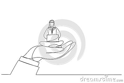 Cartoon of giant hand holding a arab man who works on laptop, metaphor for employee care, corporate support. Continuous line art Vector Illustration