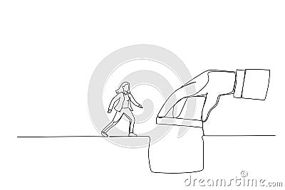 Cartoon of giant manager hand help connect missing piece as the bridge for businesswoman worker to cross the gap. One continuous Vector Illustration