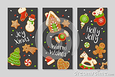 Cartoon gingerbread cookies for celebration design. Merry Christmas vector banners. Delicious homemade pastries. Vector Illustration