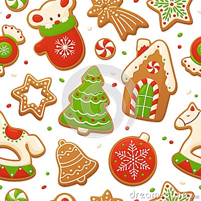 Cartoon gingerbread cookies for celebration design. Merry Christmas vector seamless background. Delicious homemade Vector Illustration