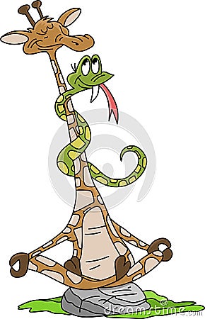 Cartoon giraffe with his snake friend around his neck sitting in lotus position doing yoga practice vector illustration Vector Illustration