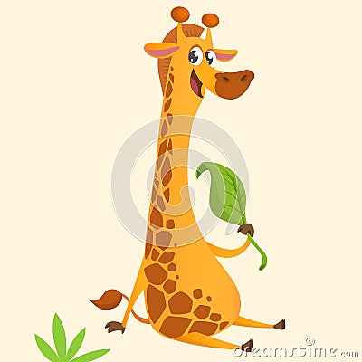 Cartoon giraffe mascot. Vector illustration of African giraffe eating a leaf Vector Illustration