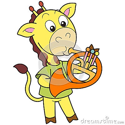 Cartoon Giraffe Playing a French Horn Vector Illustration