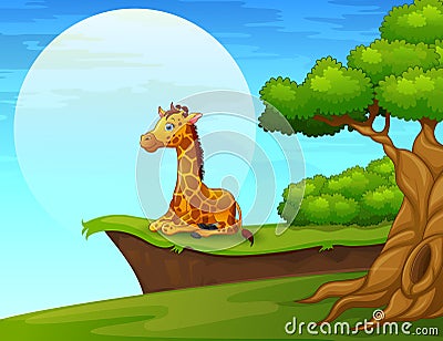 Cartoon giraffe sitting near the cliff Vector Illustration