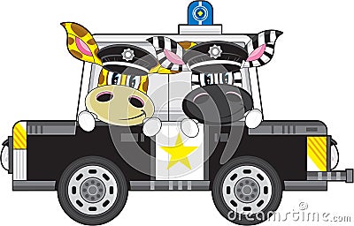Cartoon Giraffe and Zebra Policemen in Police Car Vector Illustration