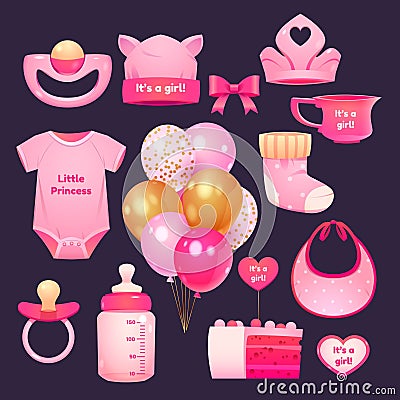 cartoon girl birthday objects collection vector design illustration Vector Illustration