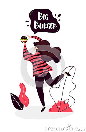 Cartoon girl with black burger walks in nature. Vector banner Vector Illustration