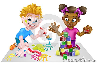 Cartoon Girl and Boy Playing With Blocks and Painting Vector Illustration