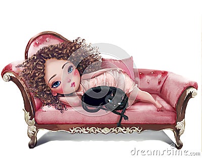 Cartoon girl with cat on sofa Stock Photo