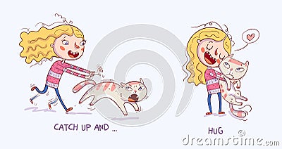 Cartoon girl is catching the cat. Girl holding and strongly cuddling cat Vector Illustration