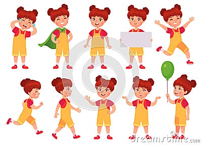 Cartoon girl character poses, gestures and expressions. Casual kindergarten kid actions. Superhero girl. Female child standing, Vector Illustration