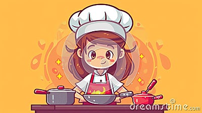 A cartoon girl in a chef's hat cooking on the stove, AI Stock Photo