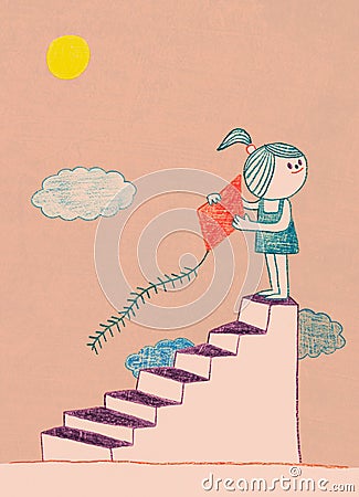 Cartoon girl child upon a stair with kite Stock Photo