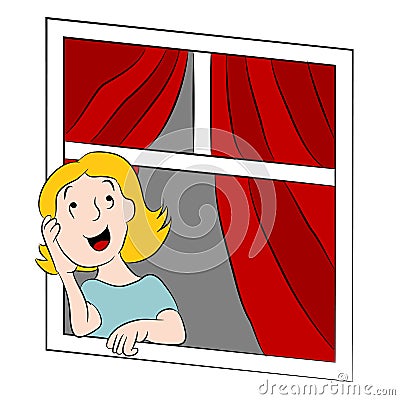 Cartoon Girl Daydreaming at Window Vector Illustration